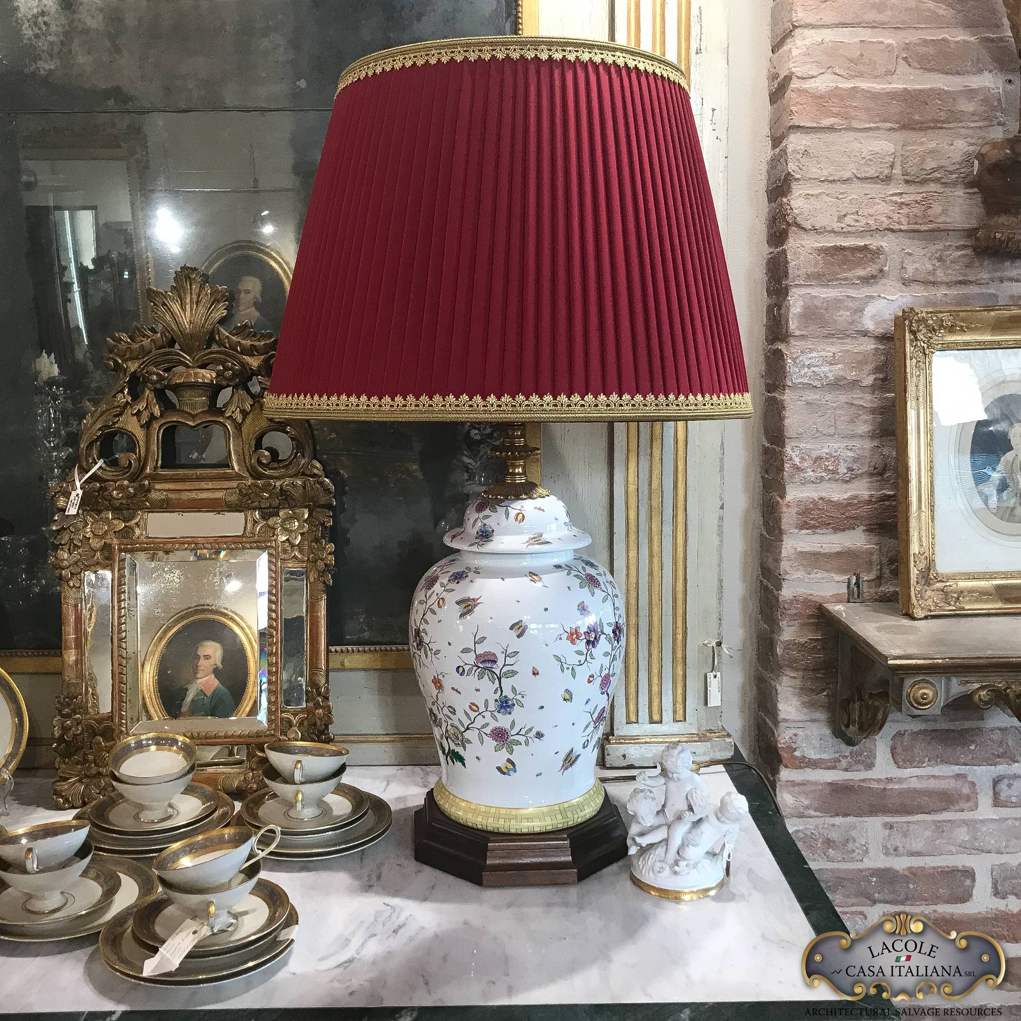 Grande e antica lampada ad olio in ceramica dipinta a mano e ottone fine  800